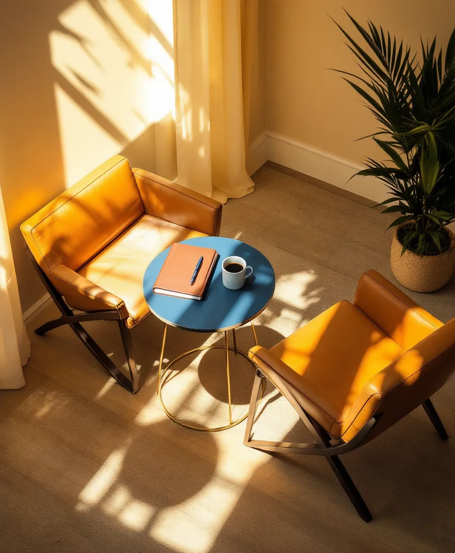 A calm coaching study with two facing leather chairs, a notebook and espresso on a low table in warm light